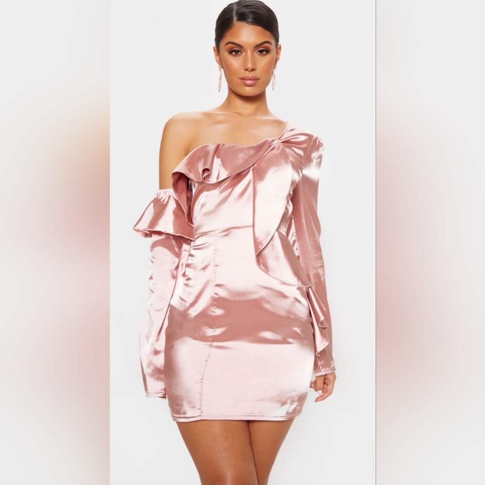 💘🆕️PLT size 0 Rose Satin Asymmetric Sleeve Frill Bodycon Dress